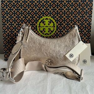 Tory Burch Thea Metallic Convertible Crossbody Bag Shoulder Bag White Gold